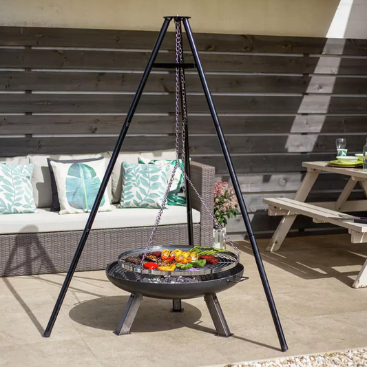 La Hacienda Tripod with BBQ Cooking Grill - Adjustable Height - Portable - Camping, Black & Chrome