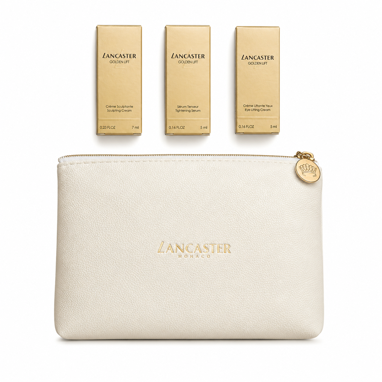 Lancaster cosmetic pouch with three cream boxes on a white background