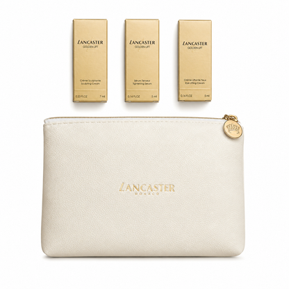 Lancaster cosmetic pouch with three cream boxes on a white background