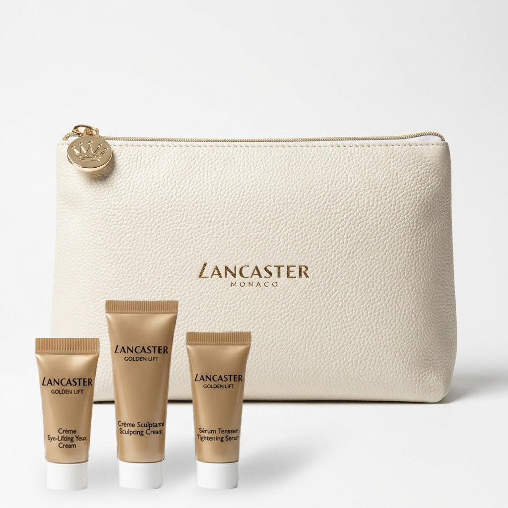 three lancaster skincare products gainst a white cosmetic bag with a logo on white background