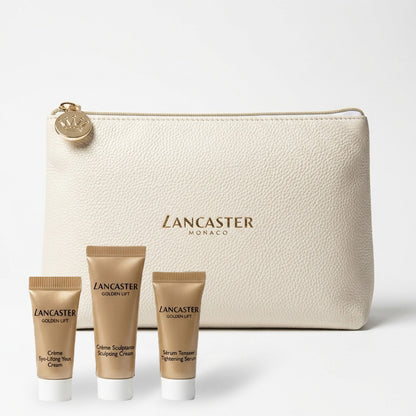 three lancaster skincare products gainst a white cosmetic bag with a logo on white background