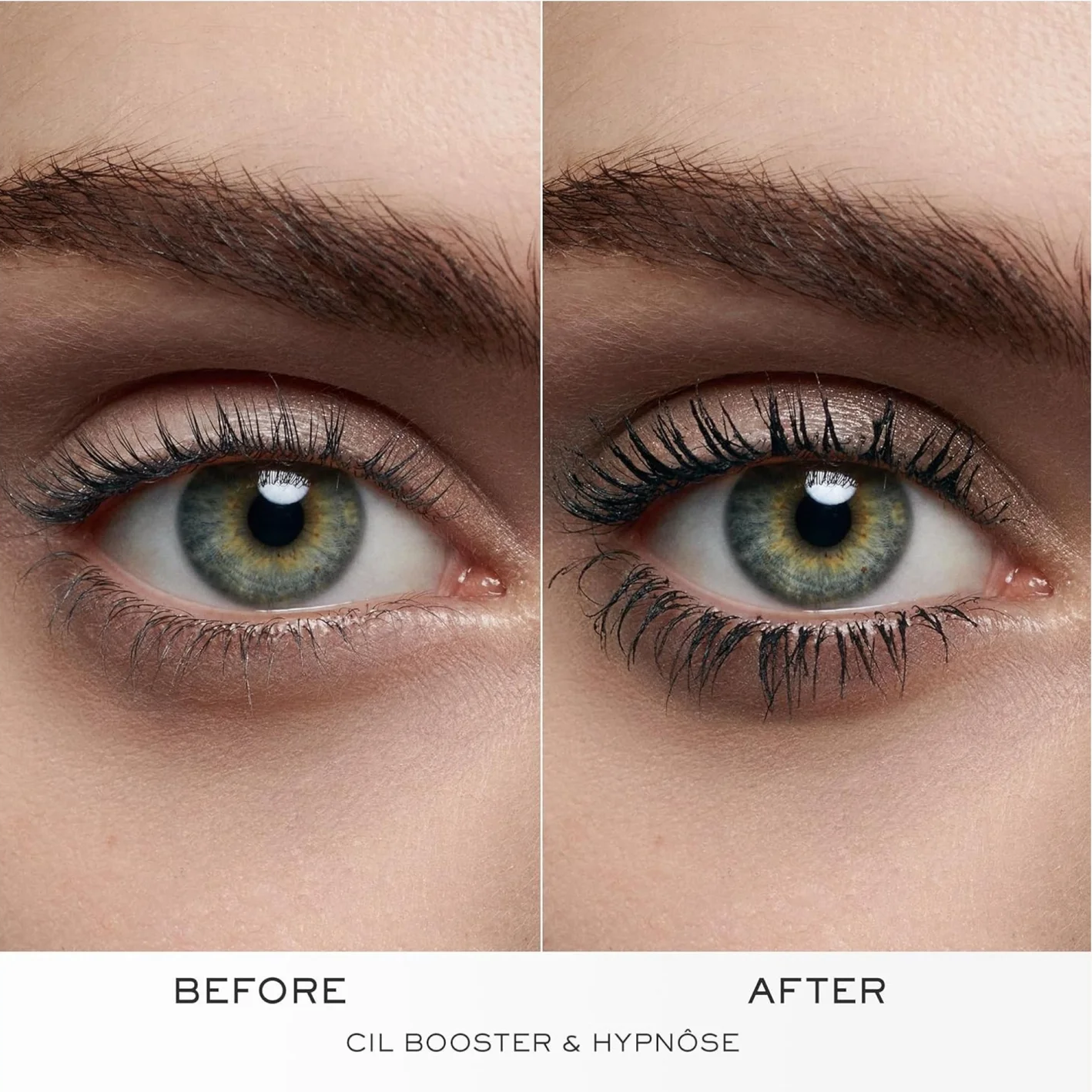 Before and after comparison of eyelash enhancement on a person's eye, with the left side labeled BEFORE and the right side labeled AFTER. The text 'CIL BOOSTER & HYPNOS' appears below.