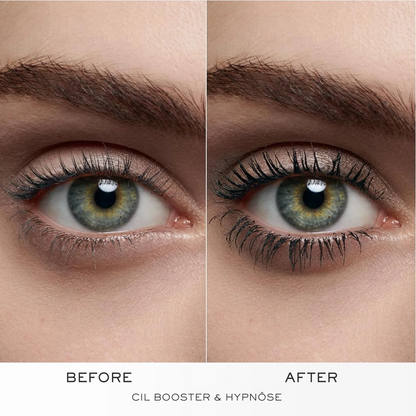 Before and after comparison of eyelash enhancement on a person's eye, with the left side labeled BEFORE and the right side labeled AFTER. The text 'CIL BOOSTER & HYPNOS' appears below.