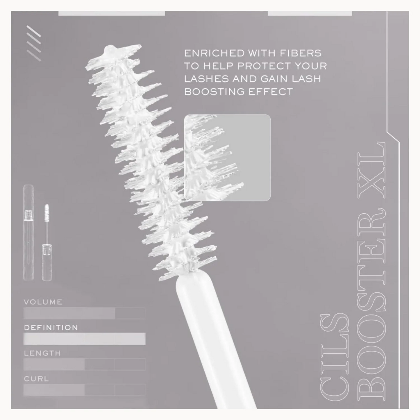 A Cils Booster XL lash brush with a white handle and clear bristles, presented on a gray graphic background with product text and feature labels.