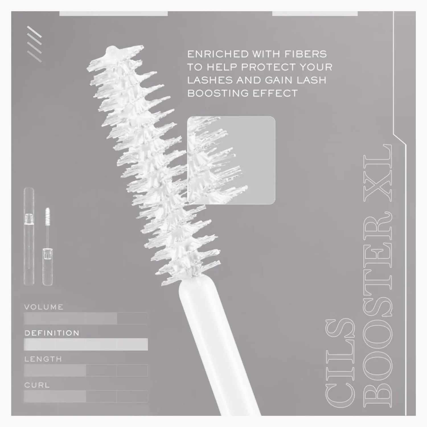 A Cils Booster XL lash brush with a white handle and clear bristles, presented on a gray graphic background with product text and feature labels.