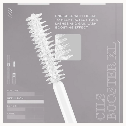 A Cils Booster XL lash brush with a white handle and clear bristles, presented on a gray graphic background with product text and feature labels.