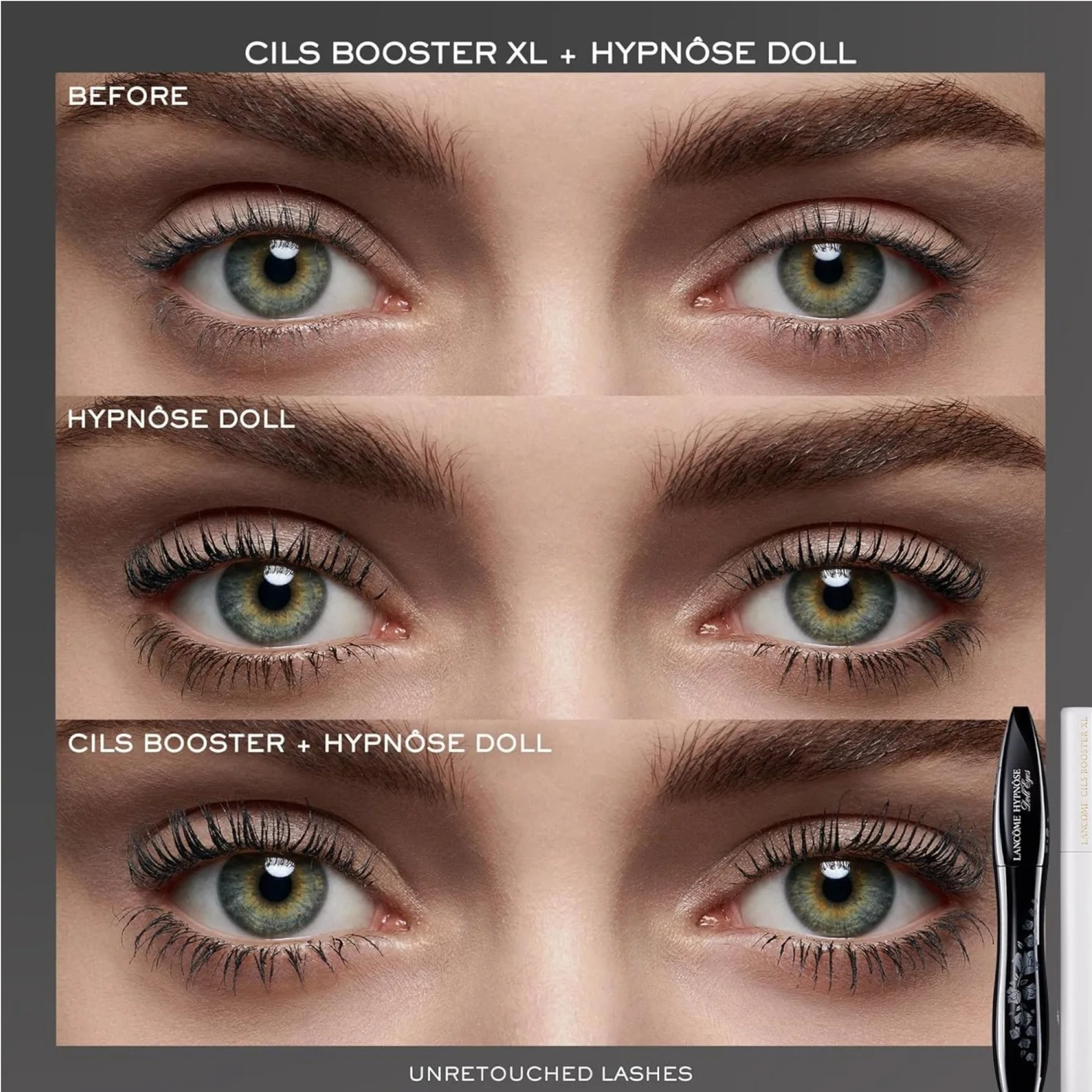 A before-and-after comparison graphic for Cils Booster XL + Hypnose Doll eyelash serum, showing close-up views of green eyes with sparse lashes on top and fuller, longer lashes on the bottom. A black applicator pen is visible at the lower right.