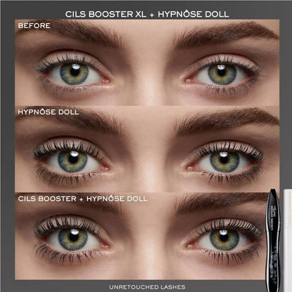 A before-and-after comparison graphic for Cils Booster XL + Hypnose Doll eyelash serum, showing close-up views of green eyes with sparse lashes on top and fuller, longer lashes on the bottom. A black applicator pen is visible at the lower right.