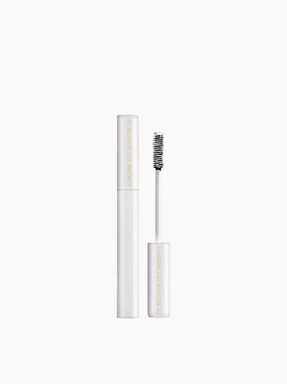 Lancôme Gel Sophisticé mascara in a white cylindrical tube, shown with the wand applicator removed and standing beside the cap on a clean white background.