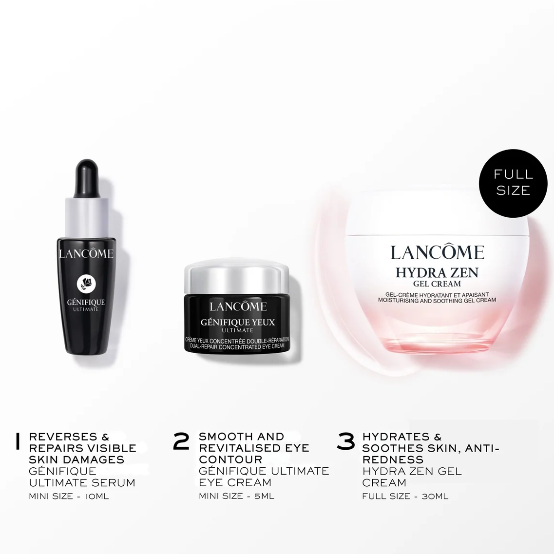 Lancème skincare products including a serum, eye cream, and gel cream on a white background.