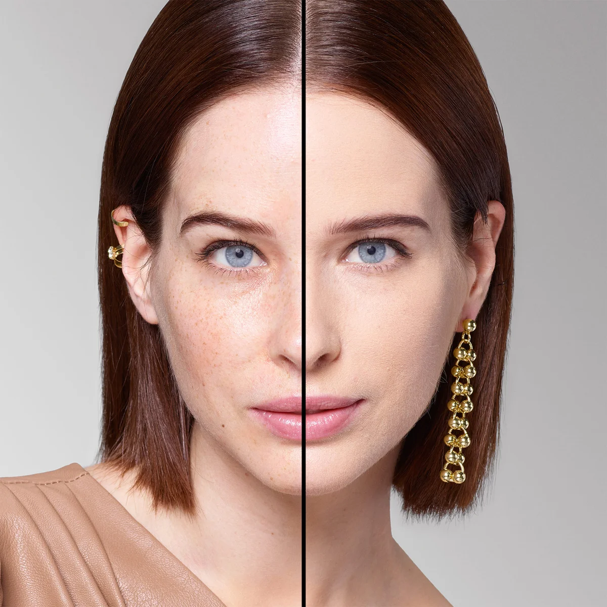 A close-up portrait of a woman shown split down the middle, wearing a small gold hoop earring on the left ear and a longer dangling gold earring on the right ear. The background is a clean light gray studio backdrop.