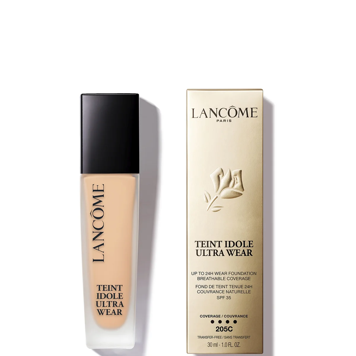 Lancôme Teint Idole Ultra Wear foundation in a 30 ml bottle next to its gold-colored packaging box, on a clean white background.