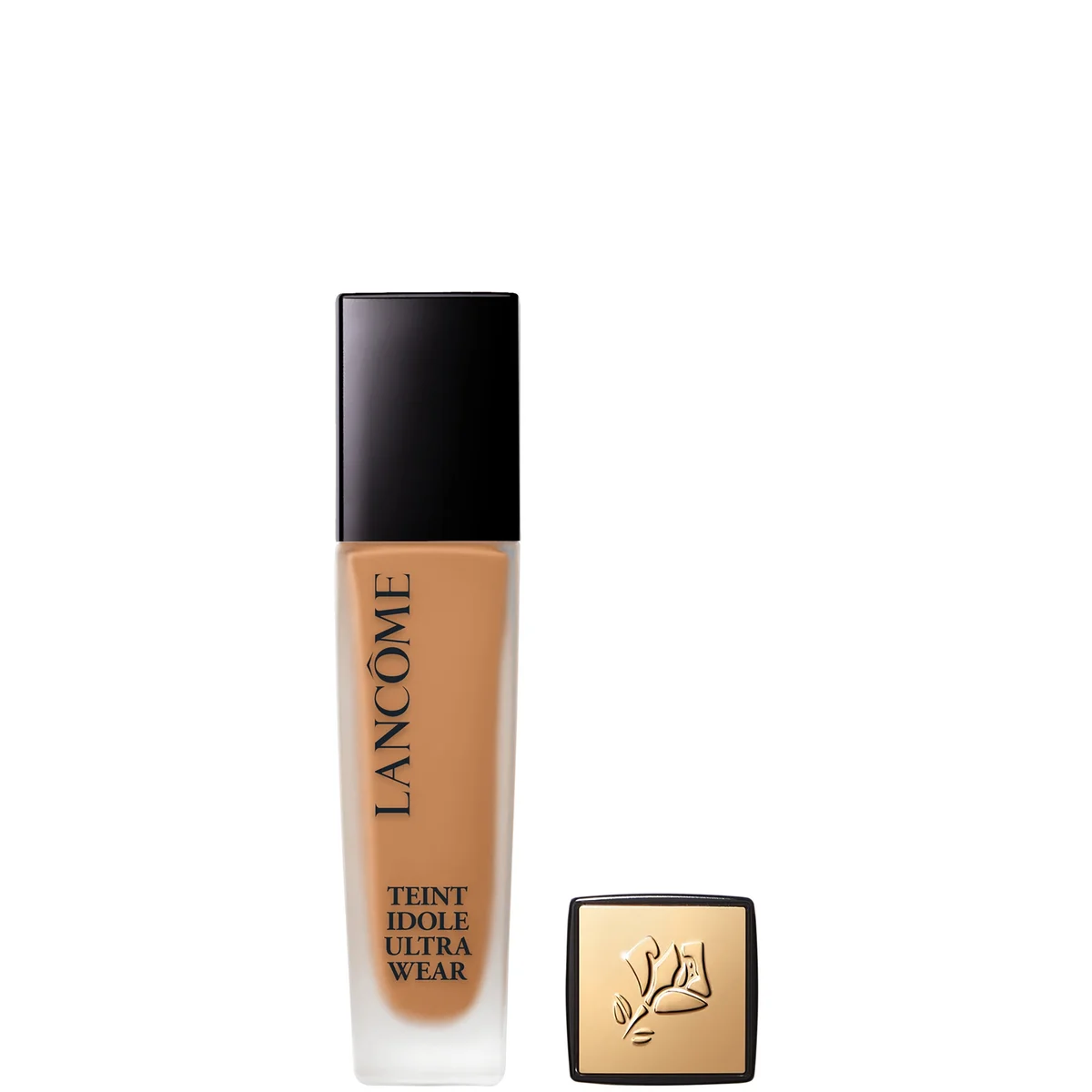 Lancôme Teint Idole Ultra Wear liquid foundation in a clear rectangular bottle showing the beige-tan shade, with a black cap and a separate square gold-and-black applicator cap beside it on a white background.