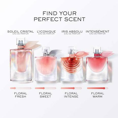 Four floral perfume bottles with labels and descriptions on a white background