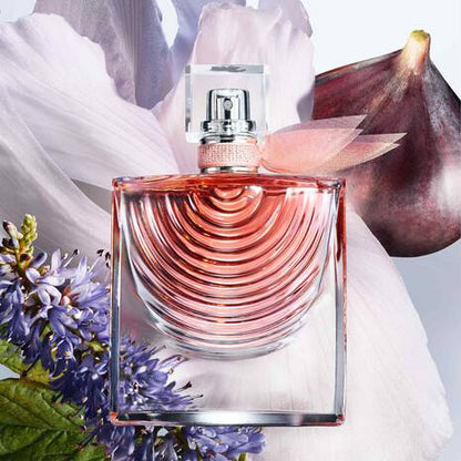 Perfume bottle with floral and fig background