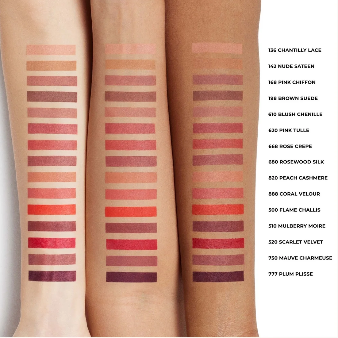 Three arms displaying horizontal swatches of various lipstick colors next to a list of shade names on a white background.
