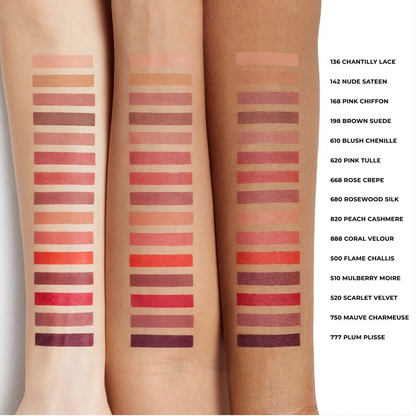 Three arms displaying horizontal swatches of various lipstick colors next to a list of shade names on a white background.
