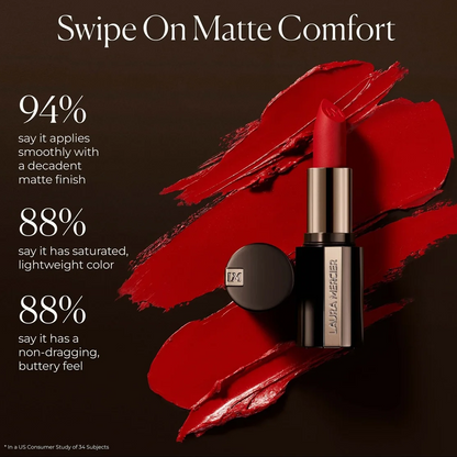 A lipstick tube and cap displayed on a dark brown background with large red makeup swatches and white marketing text reading 'Swipe On Matte Comfort' and percentage benefits.
