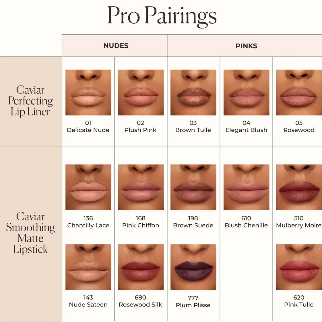 A shade chart titled 'Pro Pairings' showing lip color options arranged in a grid with nude and pink labels. The chart includes multiple close-up lip swatches labeled with shade names such as Delicate Nude, Plush Pink, Brown Tulle, Elegant Blush, Rosewood, Charlyty Lace, Pink Chiffon, Brown Suede, Plum Plisse, Blush Cherille, and Mulberry Moire.