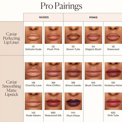 A shade chart titled 'Pro Pairings' showing lip color options arranged in a grid with nude and pink labels. The chart includes multiple close-up lip swatches labeled with shade names such as Delicate Nude, Plush Pink, Brown Tulle, Elegant Blush, Rosewood, Charlyty Lace, Pink Chiffon, Brown Suede, Plum Plisse, Blush Cherille, and Mulberry Moire.