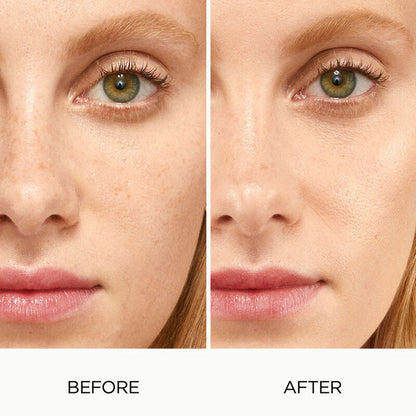 Before-and-after close-up comparison of a woman's eye area showing makeup application, with the left side labeled BEFORE and the right side labeled AFTER on a white background.