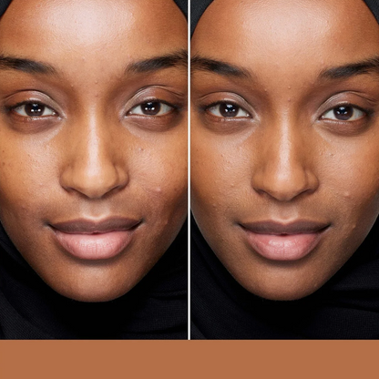 A side-by-side close-up of a woman's face showing a makeup comparison, with the right side appearing more polished and matte. A solid tan color bar sits below the portrait on a white background.