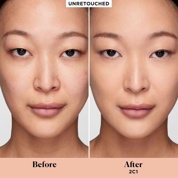 Before-and-after makeup swatch comparison on a model's face, showing an unretouched natural complexion on the left and a complexion corrected to shade 2C1 on the right, with a peach color swatch bar at the bottom labeled 'Before' and 'After 2C1'.