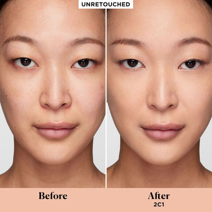 Before-and-after makeup swatch comparison on a model's face, showing an unretouched natural complexion on the left and a complexion corrected to shade 2C1 on the right, with a peach color swatch bar at the bottom labeled 'Before' and 'After 2C1'.