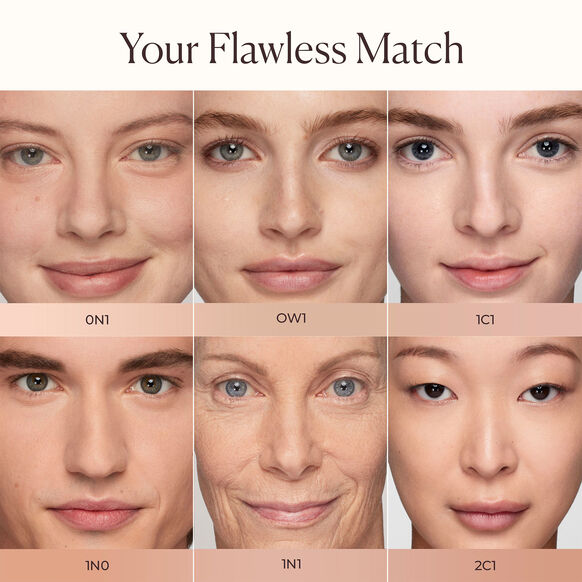 A six-panel facial skin-matching chart titled 'Your Flawless Match' showing different age/ethnic skin tones labeled 0N1, OW1, 1C1, 1N0, 1N1, and 2C1.