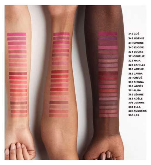 Three human arms displaying vertical swatches of lipstick or lip color shades, alongside a printed list of shade names and numbers on the right. Because visible body parts are present, this is classified as Lifestyle rather than Color Swatch, even though the image functions like a shade guide.