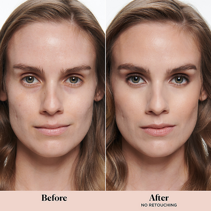 Before and after comparison of a woman's face with no retouching.