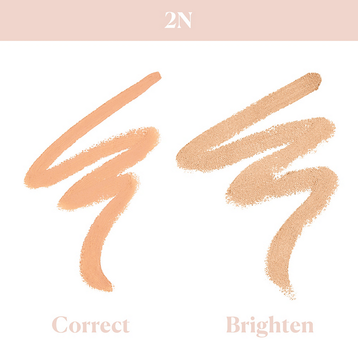 Two beige makeup swatches labeled 'Correct' and 'Brighten' on a light pink background with '2N' branding.