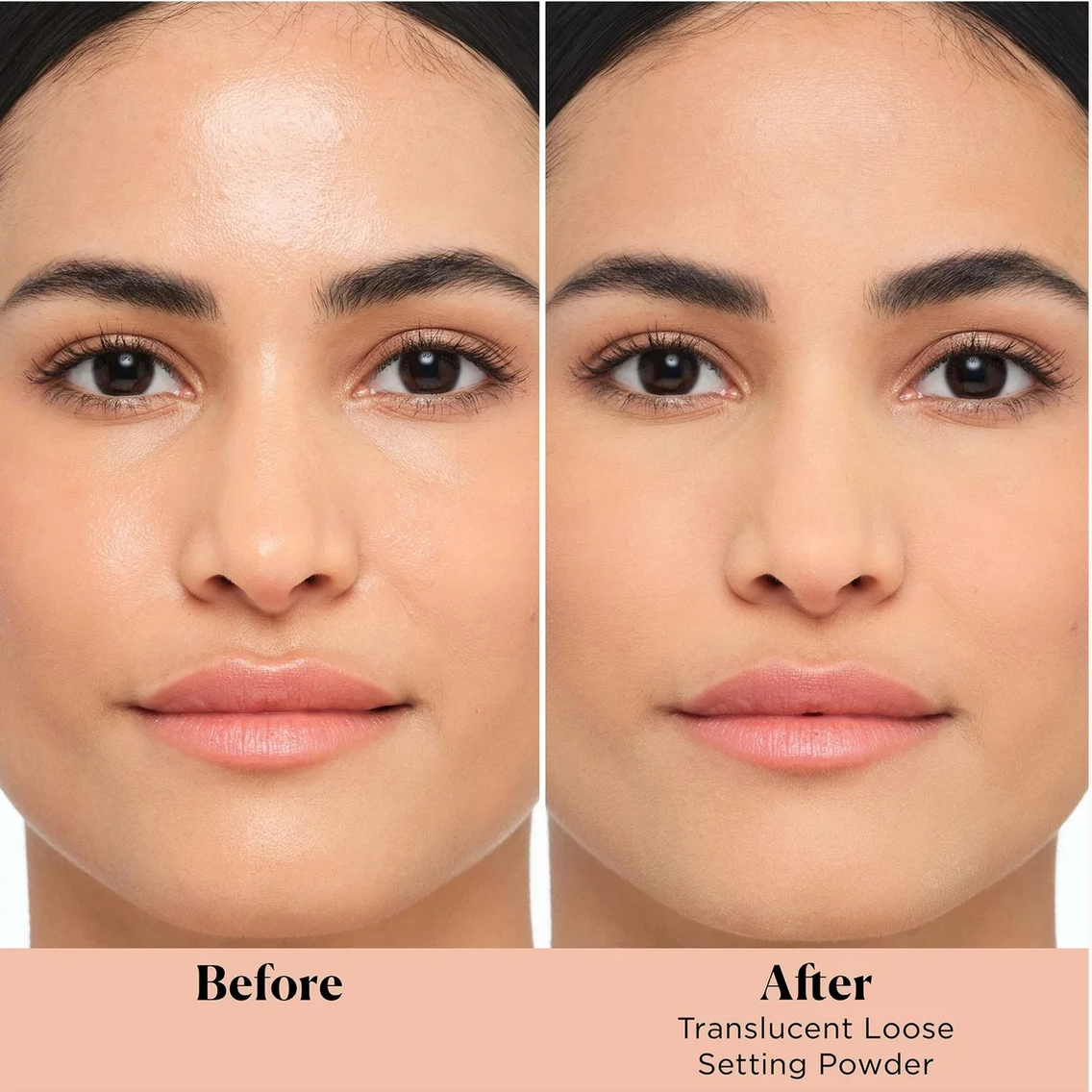 Before and after comparison of a woman's face showing the effect of translucent loose setting powder, with a peach-colored label at the bottom reading 'Before' and 'After Translucent Loose Setting Powder'.