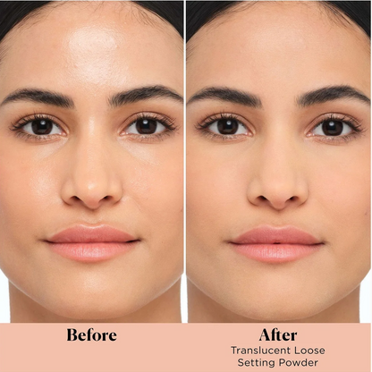 Before and after comparison of a woman's face showing the effect of translucent loose setting powder, with a peach-colored label at the bottom reading 'Before' and 'After Translucent Loose Setting Powder'.