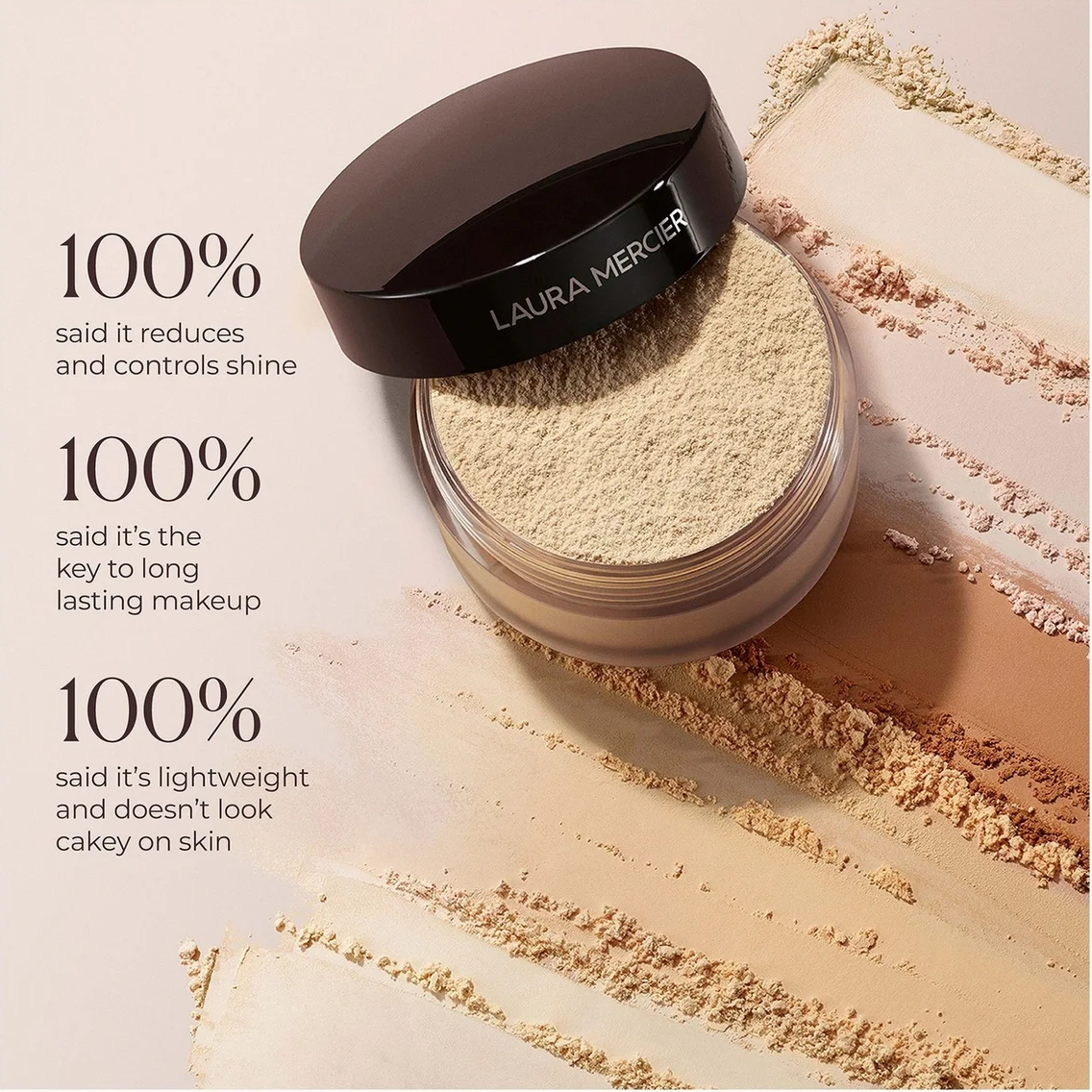Laura Mercier liquid bronzer in a clear jar with a black lid, shown next to makeup swatches and text highlighting key benefits.