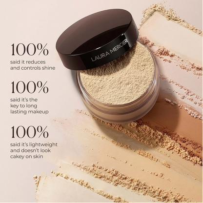 Laura Mercier liquid bronzer in a clear jar with a black lid, shown next to makeup swatches and text highlighting key benefits.