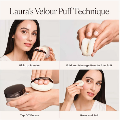 An instructional collage titled 'Laura's Velour Puff Technique' showing four steps: picking up powder, folding and massaging the puff into puff shape, tapping off excess powder, and pressing and rolling the puff on the face. The product jar brand 'Laura Geller' is partially visible on the container.
