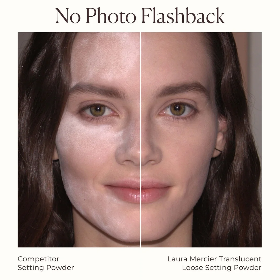 A comparison graphic titled 'No Photo Flashback' showing a split-face portrait of a woman's face, with text below comparing 'Competitor Setting Powder' and 'Laura Mercier Translucent Loose Setting Powder'.