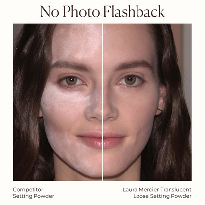 A comparison graphic titled 'No Photo Flashback' showing a split-face portrait of a woman's face, with text below comparing 'Competitor Setting Powder' and 'Laura Mercier Translucent Loose Setting Powder'.