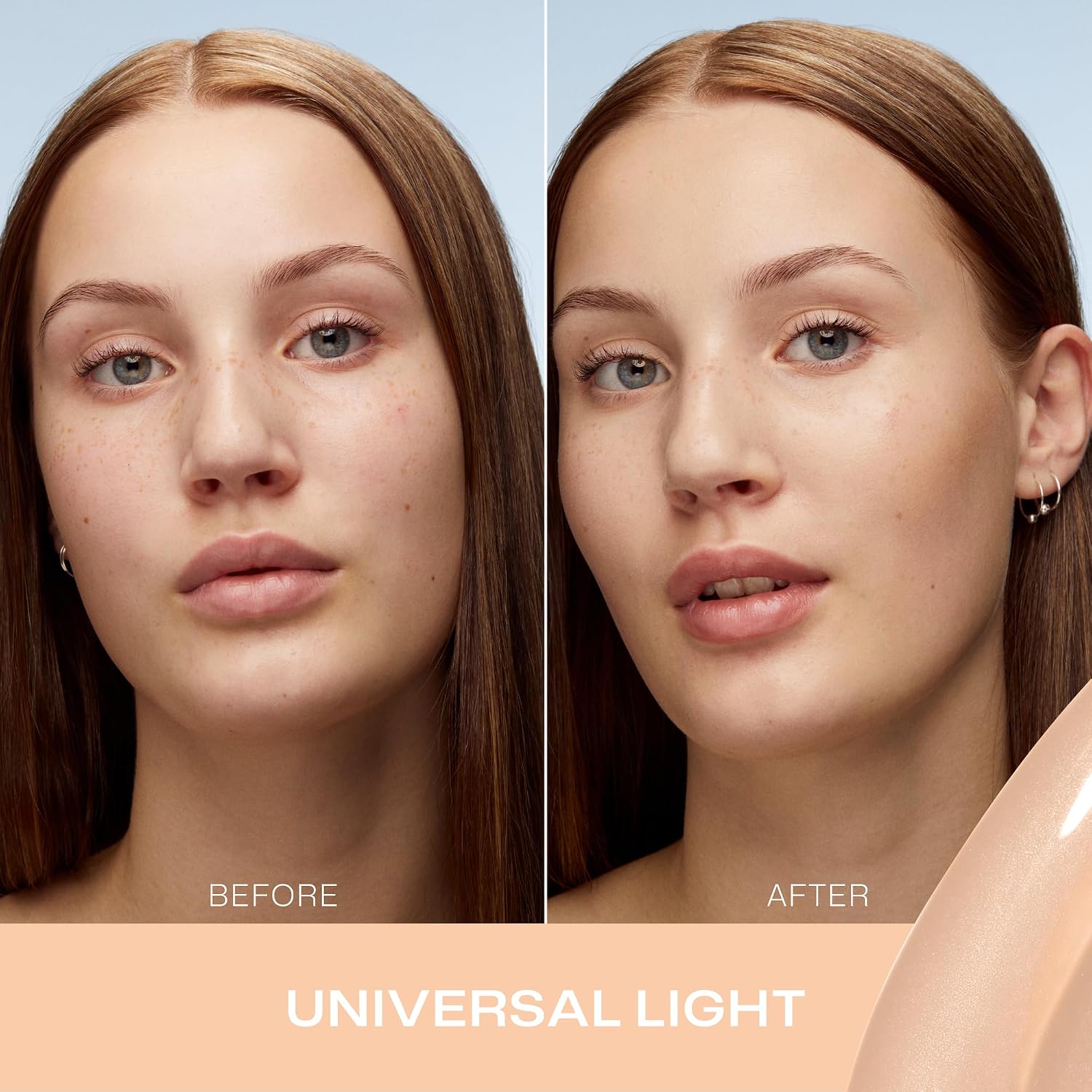 Before-and-after comparison of a woman's face showing skin texture and freckles, with the text 'UNIVERSAL LIGHT' on a peach-colored banner at the bottom.