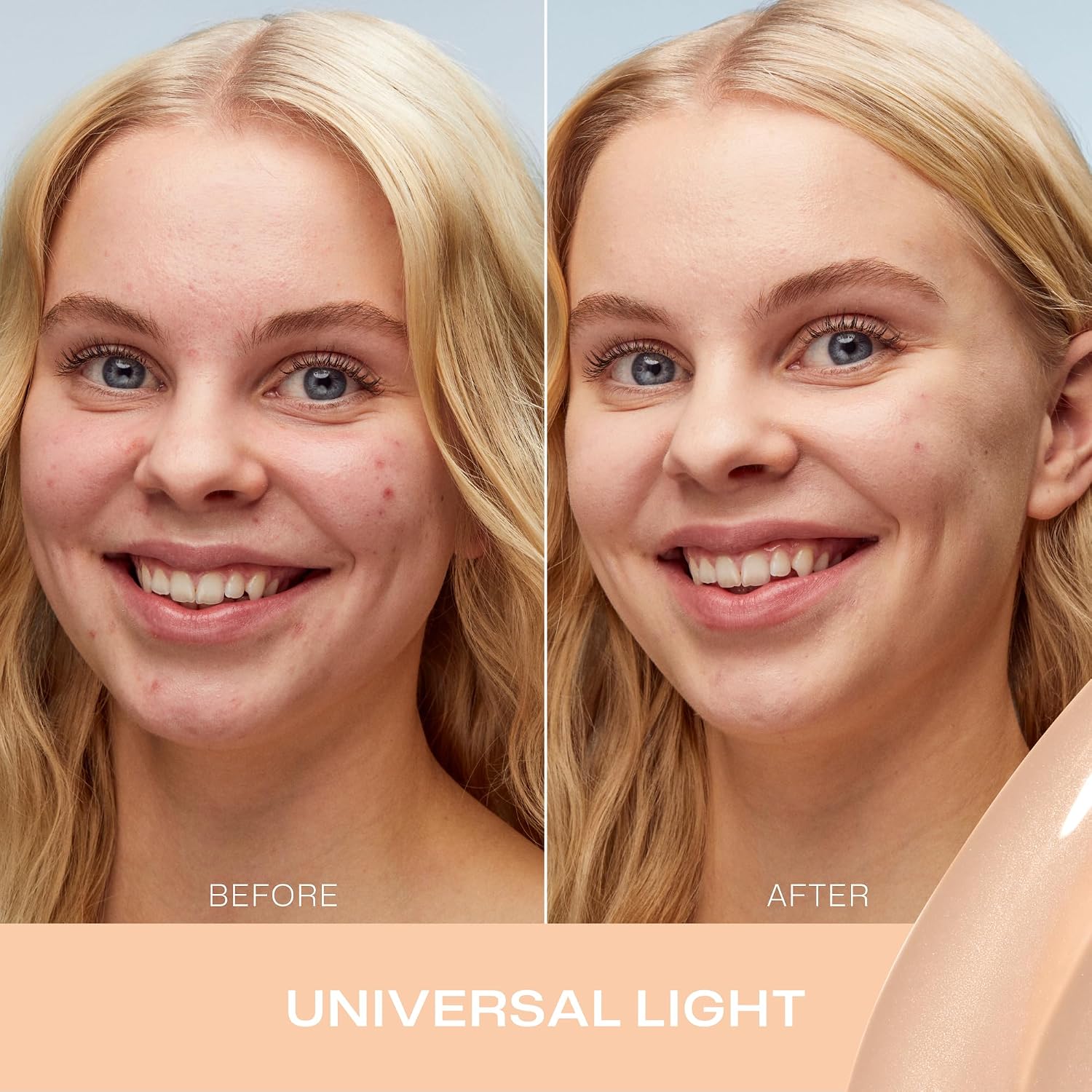 Before and after comparison of a woman's face with 'Universal Light' filter applied.