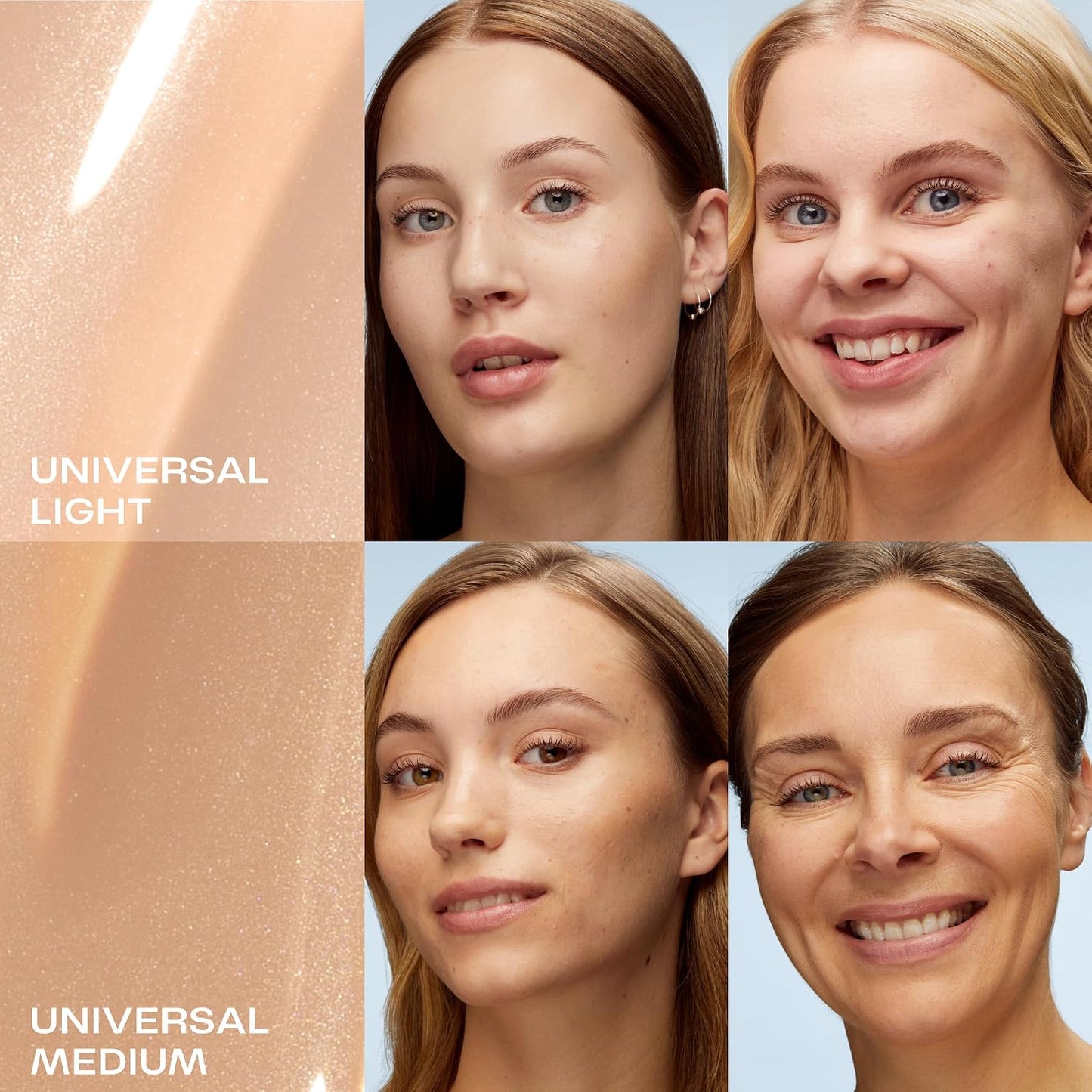 A four-panel makeup shade comparison showing two women's faces alongside swatches labeled 'UNIVERSAL LIGHT' and 'UNIVERSAL MEDIUM' on a light blue background.