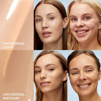 A four-panel makeup shade comparison showing two women's faces alongside swatches labeled 'UNIVERSAL LIGHT' and 'UNIVERSAL MEDIUM' on a light blue background.