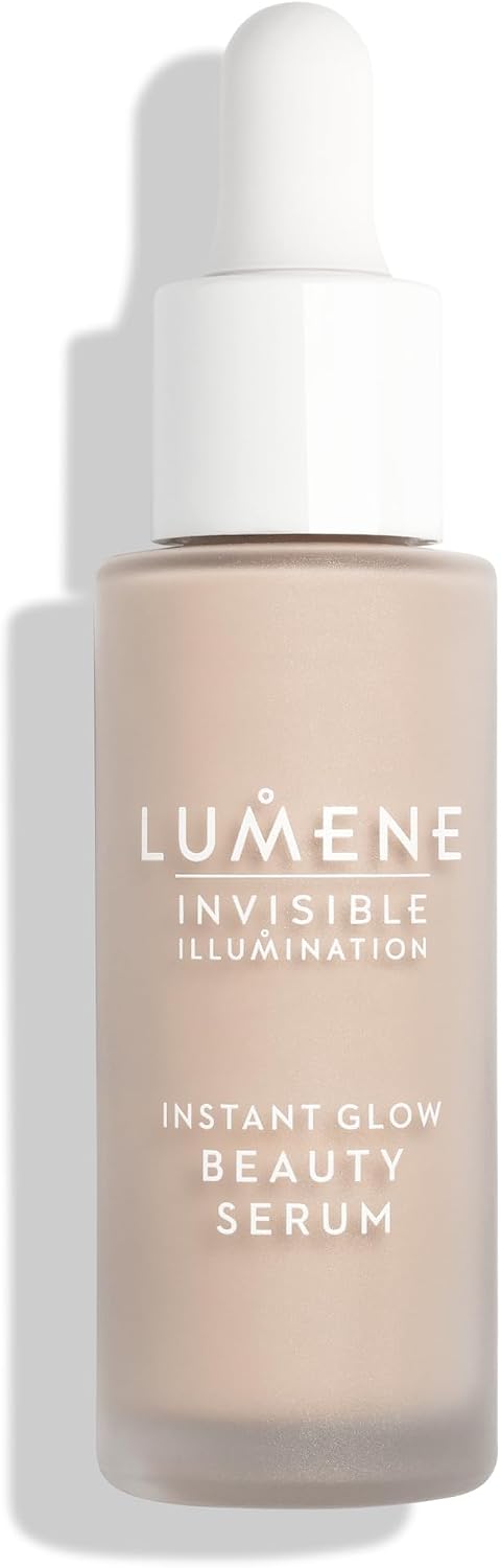 Lumene Invisible Illumination Instant Glow Beauty Serum in a frosted glass bottle with a white dropper cap, shown on a clean white background with a soft shadow.