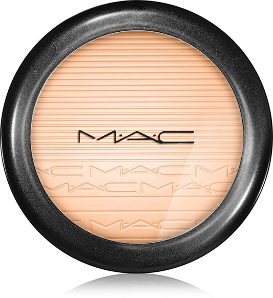 MAC pressed powder compact in a round black case, showing a light peach-beige makeup surface with the MAC logo in the center.