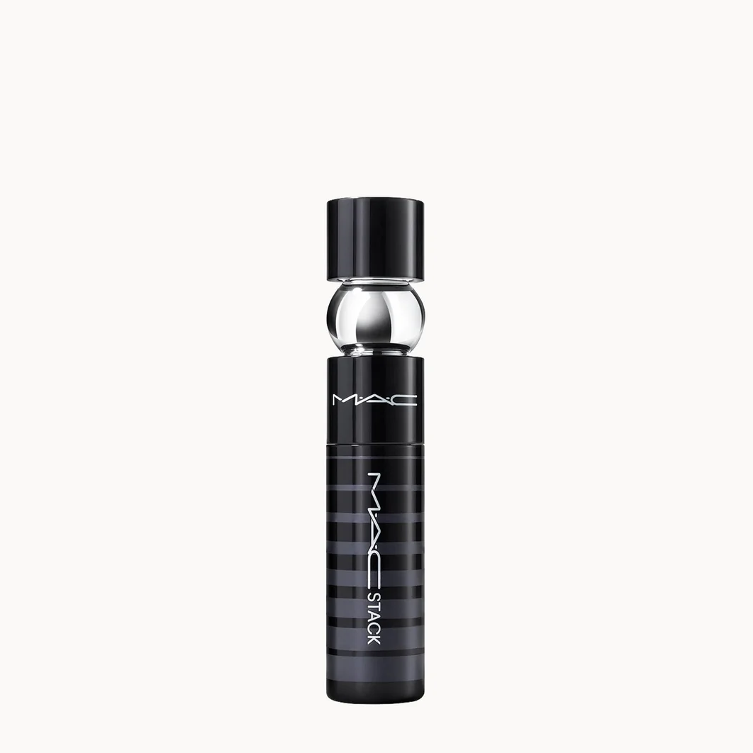 MAC Lip Tint Max bottle in black with a clear glass neck and silver cap, centered on a light off-white background.