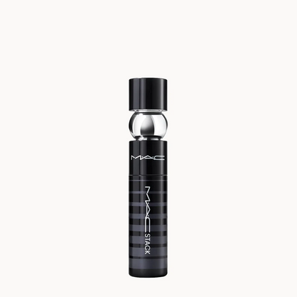 MAC Lip Tint Max bottle in black with a clear glass neck and silver cap, centered on a light off-white background.