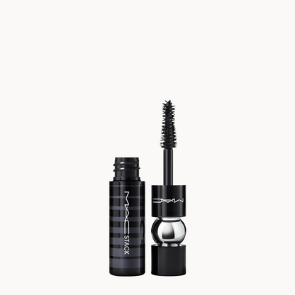 MAC Black Stack mascara shown with the black cap removed and the wand standing beside it on a clean white background.