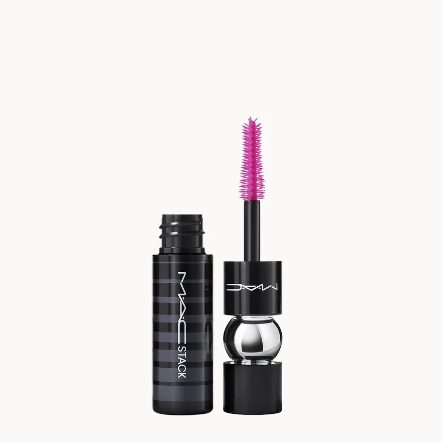 MAC Stack mascara shown with the black tube and the applicator wand on a plain off-white background.