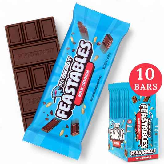 10 x Feastables MrBeast Milk Crunch Chocolate Bars with Puffed Rice – (60g Each)
